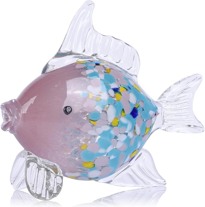 LCCCK Large Hand Blown Glass Fish Figurines, Aquarium Sea Glass Art, Fish Statue Sculpture Modern Coastal Accent - for Beach Knick Knacks, Coffee Tables, Nautical Offices Centerpiece (Colorful Pink)