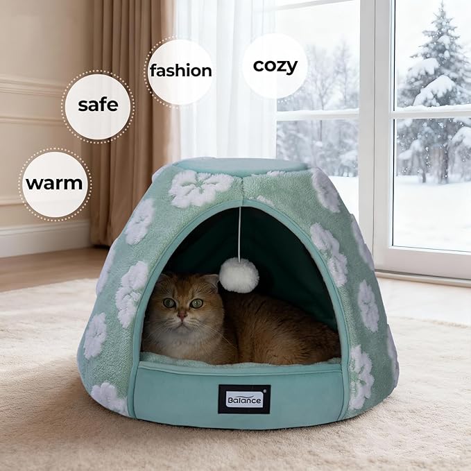 BALANCE Cat Beds for Indoor Cats, 2-in-1 Cat Bed Cave with Anti-Slip Bottom and Ultra-Soft Plush, Cozy Cats House Tent for Kittens and Small Dogs, 19 Inches, Green