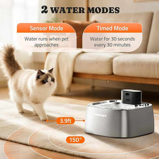 Cat Water Fountain Stainless Steel, Automatic Cordless Cats and Dogs Water Dispenser 108oz/3.2L, Battery Operated Pumpless Pet Fountain with Smart Indicator & 150° Wide-Angle Motion Sensor