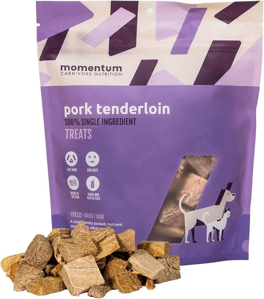 Momentum Carnivore Nutrition Freeze-Dried Pork Tenderloin Dog Treats & Cat Treats – Single-Ingredient, High-Protein, Grain-Free, Lean & Naturally Tender – Made in USA – 3.5 oz Bag