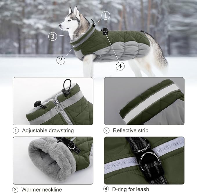 Lelepet Dog Coat Warm Dog Winter Coat Waterproof Dogs Jacket with Harness Built in Reflective Pet Fleece Vest Zip-Up Cold Weather Coats for Large Dogs Turtleneck & Windproof Coats Boxer Army Green XL