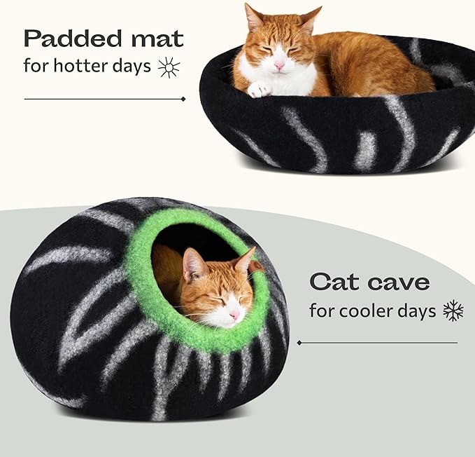 MEOWFIA Cat Cave – Premium Felt Cat Bed for Indoor Cats, Handmade 100% Merino Wool, Cat (Medium, Shining Tiger)