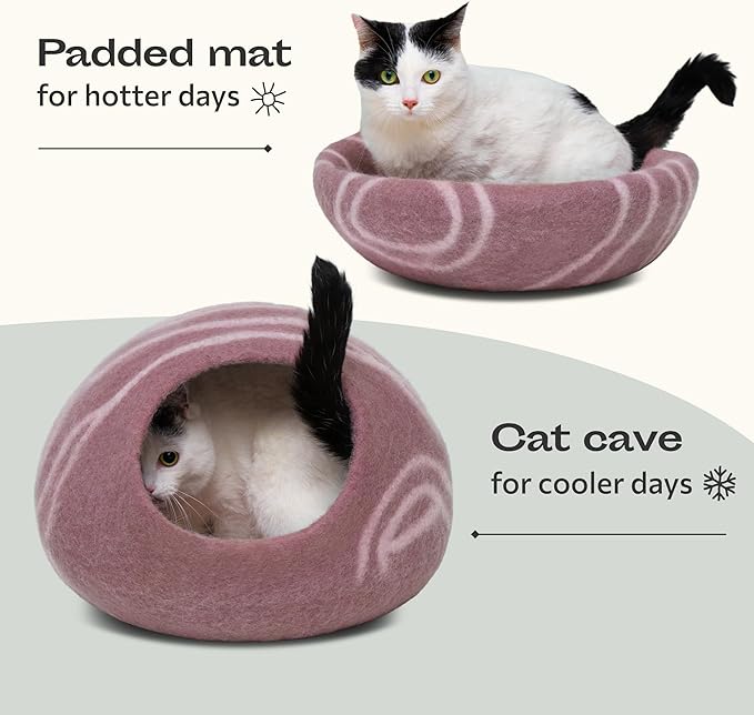 MEOWFIA Cat Cave – Premium Felt Cat Bed for Indoor Cats, Handmade 100% Merino Wool, Cat (Gold Rose, Medium)
