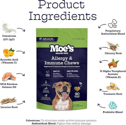Moe’s Allergy and Immune Chews for Dogs – 90ct Soft Dog Allergy Supplement Bites for Itchy Skin, Seasonal Allergies and Skin Health – Vet-Formulated (Savory Chicken)