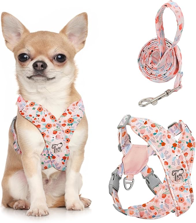 Pawaboo Small Dog Harness and Leash Set, Puppy Harness X-Frame No Pull No Choke, Dog Vest Harnesses Adjustable for Small Medium Sized Dogs,Soft Breathable Pet Harnesses for Walking, S, Pink Flowers