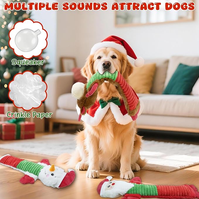 Christmas Squeaky Dog Toys- 3 Pack No-Stuffing Dog Chew Toys with Crinkle and Squeaker- Elk, Santa Claus, Snowman Chew Toys to Keep Them Busy, Tug of War Toys for Medium and Large Dogs