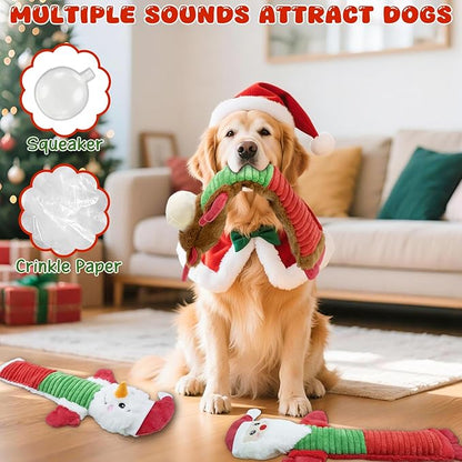 Christmas Squeaky Dog Toys- 3 Pack No-Stuffing Dog Chew Toys with Crinkle and Squeaker- Elk, Santa Claus, Snowman Chew Toys to Keep Them Busy, Tug of War Toys for Medium and Large Dogs