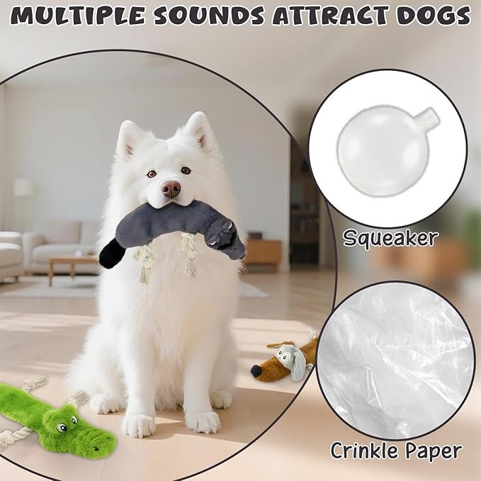 Squeaky No Stuffing Dog Toys, 3 Pack Rope Toys for Teething, Crinkle Plush Toys to Keep Them Busy, Tug Interative Dog Toys for Small Medium Large Breed.Not for Aggressive Chewers.
