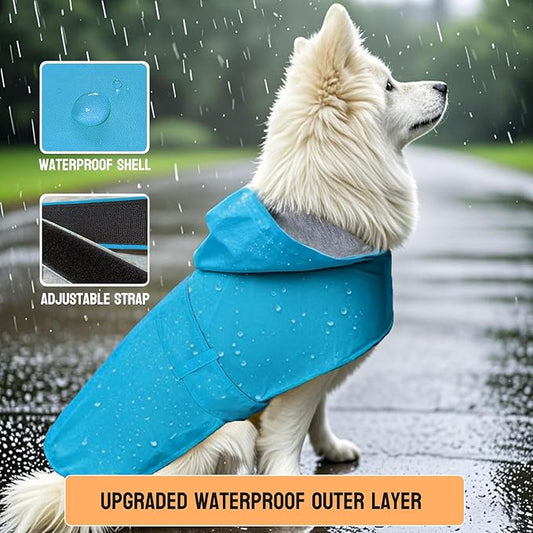 Dog Raincoat Dog Rain Jacket Poncho Waterproof Snowproof Pet Rain Suit Lined Warm Lining Hooded Leash Hole Adjustable Puppy Small Medium Dogs,Blue,XL