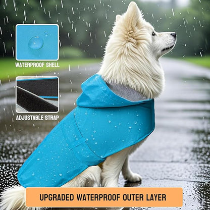 Dog Raincoat Dog Rain Jacket Poncho Waterproof Snowproof Pet Rain Suit Lined Warm Lining Hooded Leash Hole Adjustable Puppy Small Medium Dogs,Blue,L