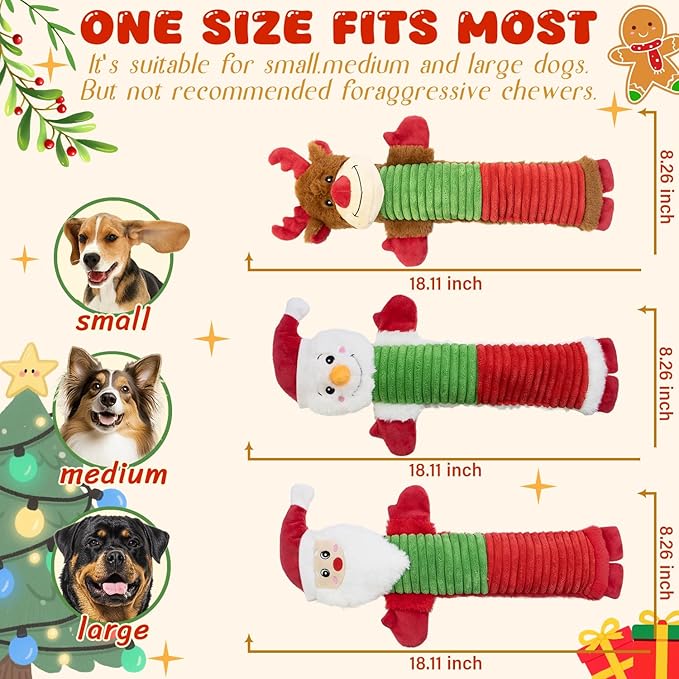 Christmas Squeaky Dog Toys- 3 Pack No-Stuffing Dog Chew Toys with Crinkle and Squeaker- Elk, Santa Claus, Snowman Chew Toys to Keep Them Busy, Tug of War Toys for Medium and Large Dogs