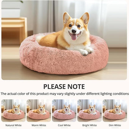 JOLLYVOGUE Small Dog & Cat Beds for Indoor Cats, Donut Cuddler Warming Soft Dog Beds with Anti-Slip Bottom, Round Calming Fluffy Plush Faux Fur Cushion Bed for Medium Dogs (27", Peach Pink)