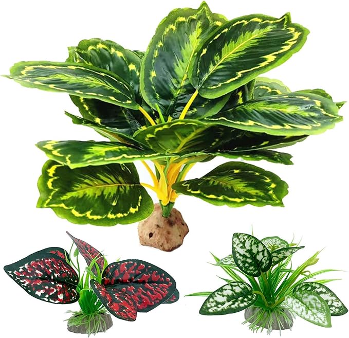 Moonorange Reptile Artificial Plants, Terrarium Plants Decorations Supplies, Aquarium Fish Tank Plant, Amphibian Habitat Hideout Tank Accessories(L Set-3pcs/C)
