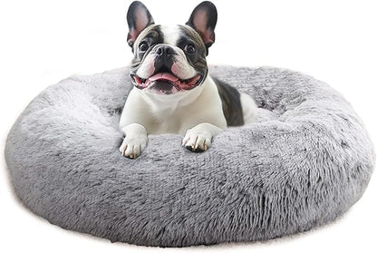 JOLLYVOGUE Small Dog & Cat Beds for Indoor Cats, Donut Cuddler Warming Soft Dog Beds with Anti-Slip Bottom, Round Calming Fluffy Plush Faux Fur Cushion Bed for Large Dogs (36", Smoke Grey)
