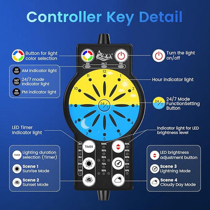 AQQA Aquarium Light with 24/7 Sunrise Sunset Mode, 9 Colors & 10-Level Brightness, Full Spectrum LED Fish Tank Light with Timer for Plant Growth, Freshwater Tanks (22W for 12-18 inch Tank)