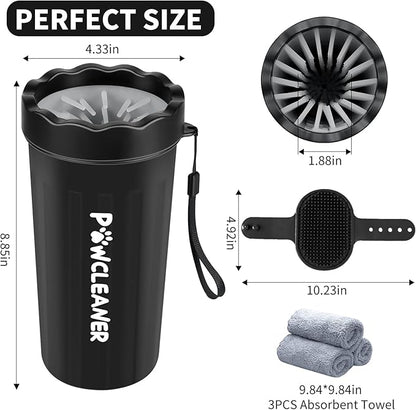 Professional 7 in 1 Dog Paw Cleaner for Dogs & Cats - Includes 1 Portable Paw Washer, 1 Bath Brush, 2 Dog Toothbrushes and 3 Absorbent Towels Note: Fits Paws 2.5 to 3.5 Inches Wide (Large, Black)