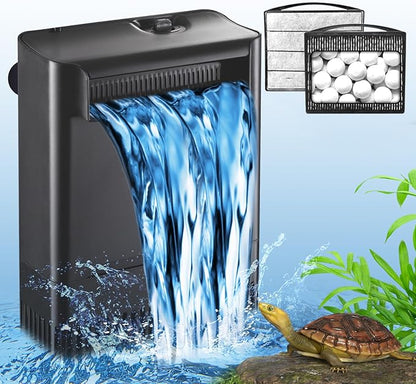 Turtle Tank Filter Aquarium Filter Power Adjustable 20-75 Gal. 290GPH Large Internal Filter 3-Stage Waterfall Bio-Filtration Low Water Level for Freshwater Saltwater Fish Tank Reptile Shrimp Frog