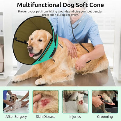 Queenmore Soft Cone for Dogs After Surgery, Dog Cones for Large Dogs to Stop Licking, Soft Dog Cone, Elizabethan Collar for Pets, Alternative Pet Recovery Collar for Wound Healing, Green L