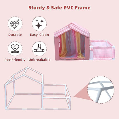 Dog House Indoor with Frame for Small to Medium Dogs, LitaiL Cute Dog Tent Bed with Play Area, Breathable, Washable, Cute Princess Dog Cat House with Soft Plush Cushion, 44" L x 26.8" W x 25" H, Pink
