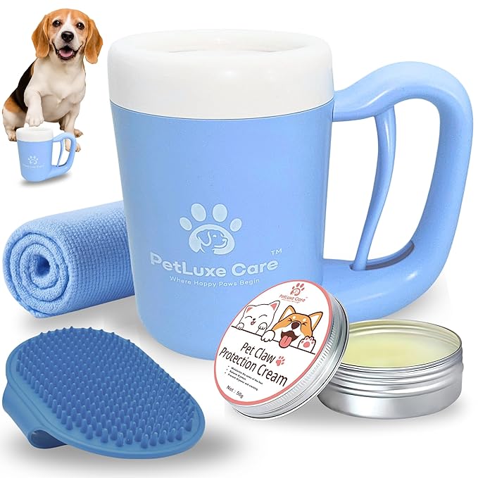 Dog Paw Washer Kit - Includes Paw Cleaner Cup, Towel, Pet Bath Brush & Moisturizing Balm - Dog Foot Washer for Muddy Paws, ideal for Small & Medium Dogs (Blue, Medium)