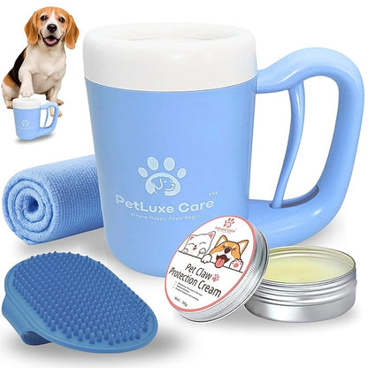 Dog Paw Washer Kit - Includes Paw Cleaner Cup, Towel, Pet Bath Brush & Moisturizing Balm - Dog Foot Washer for Muddy Paws, ideal for Small & Medium Dogs (Blue, Medium)