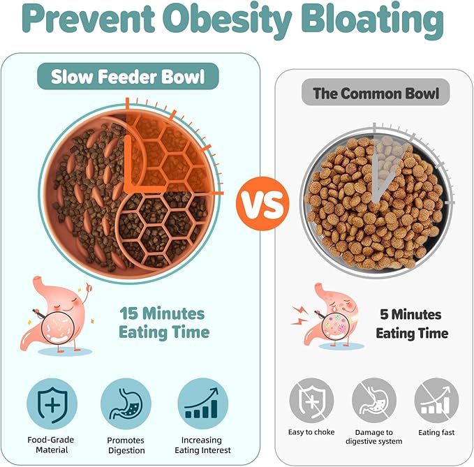 Slow Feeder Dog Bowls, Silicone Pet Food Bowls with Suction Cups, Non-Slip Dog Feeding Slow Down Pet Eating Speed for Fast Eaters, Anxiety Relief & Fun Added (Orange)