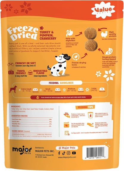 MAJOR PETS Freeze Dried Turkey & Pumpkin,Cranberry Dog Treats,Single Protein, All Natural,Help with Digestion,Grain Free,Healthy Training Treats or Meal Topper for All Dogs-2.5 Ounce,(Pack of 1)