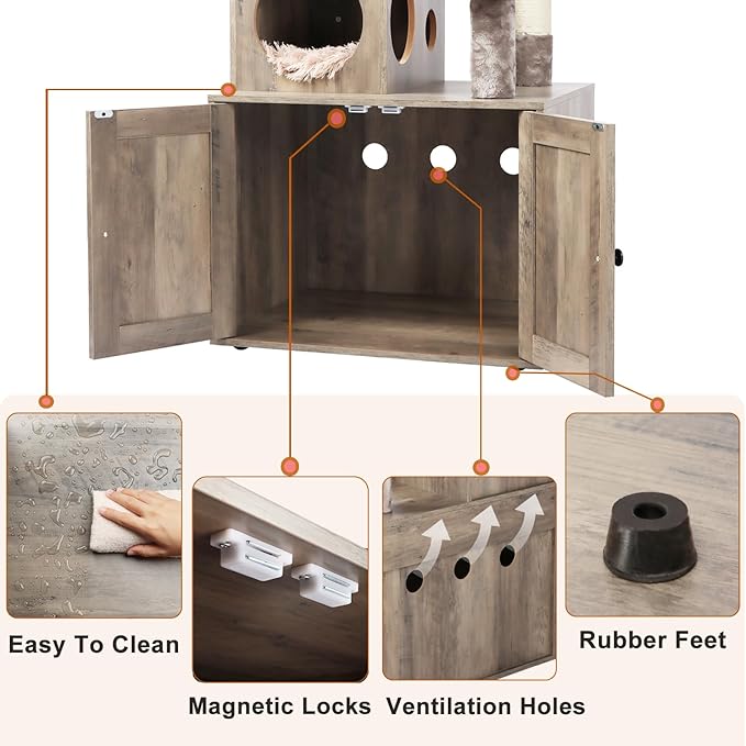 Cat Tree with Litter Box Enclosure, 2-in-1 Cat Tower for Indoor Cats, Large Wood Cat Condo with Basket, Scratching Posts, Pompoms, Grey