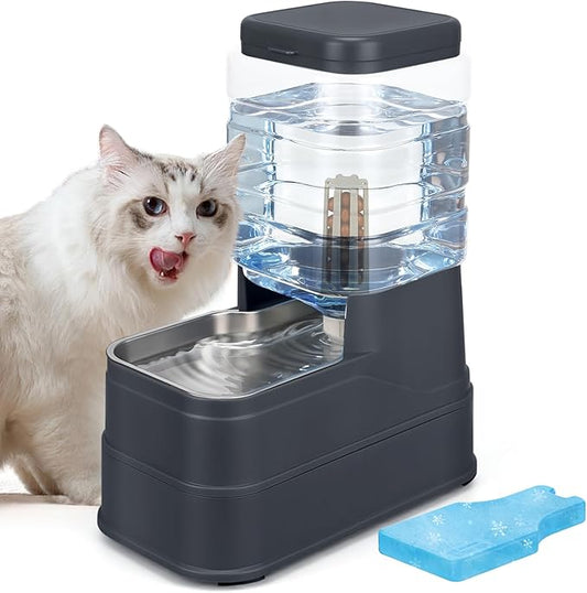 Cat Automatic Feeder Dog Water Dispenser with Stainless Steel Bowl Pet Gravity Waterer Large Capacity Feeding Raised Bowls for Small Medium Large Pets with Filter,Ice Pack 6L