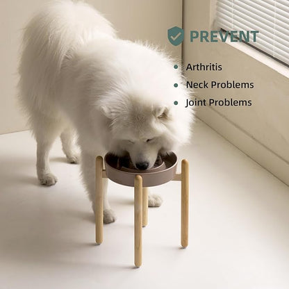 Ceramic 3.2 Cup Raised Slow Feeder Dog Bowl Set, Elevated Bowl with Wooden Stand for Large Dog, 9.5inch Puzzle Slow Pet Food Dish, Anti-Gulping(Brown Coffee, Single Bowl+ Stand)