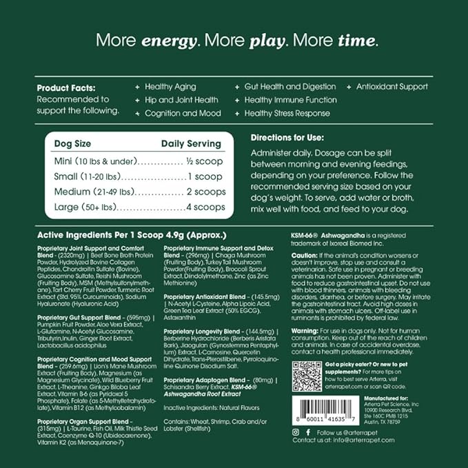 Adult Dog Powder Supplement & Food Topper – 46 Ingredients for Gut, Immune & Brain Health – Daily Longevity Multivitamin for Whole Body Wellness | 30 Scoops