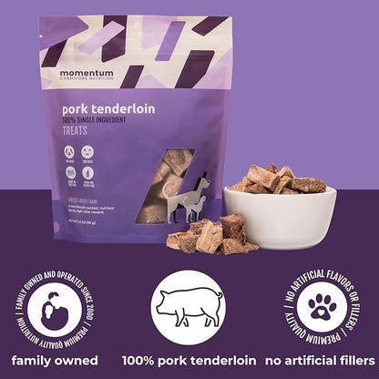 Momentum Carnivore Nutrition Freeze-Dried Pork Tenderloin Dog Treats & Cat Treats – Single-Ingredient, High-Protein, Grain-Free, Lean & Naturally Tender – Made in USA – 3.5 oz Bag