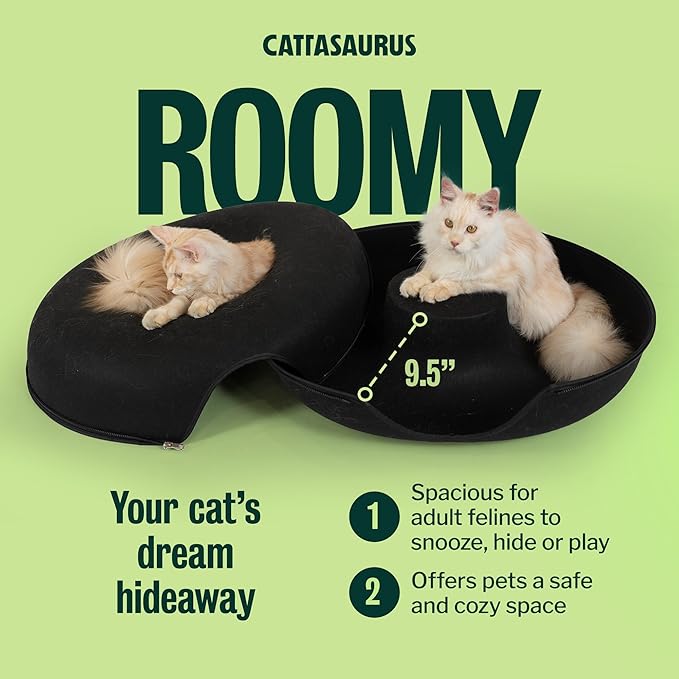 Cattasaurus Peekaboo Cat Cave Donut for Multiple & Large Cats up to 30-45 lbs, 3-in-1 Self Warming Cat Bed, Tunnel & Scratcher for Indoor Cats, Washable & Detachable Small Dog Bed (Black, Jumbo)