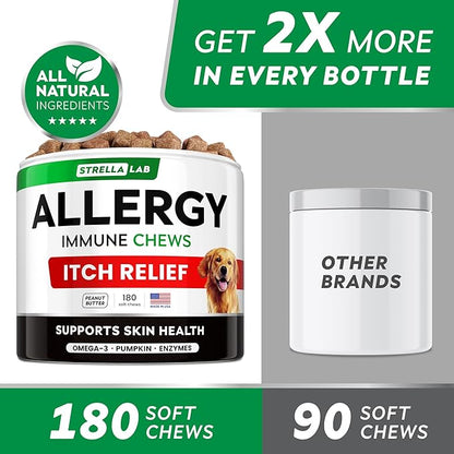StrellaLab Dog Allergy Relief & Anti Itch Support Chews w/Omega 3: Real Ingredients, Real Taste! Skin & Coat Immune Supplement w/Fish Oil, Pumpkin & Enzymes — Developed by Experts - Made in USA -180Ct