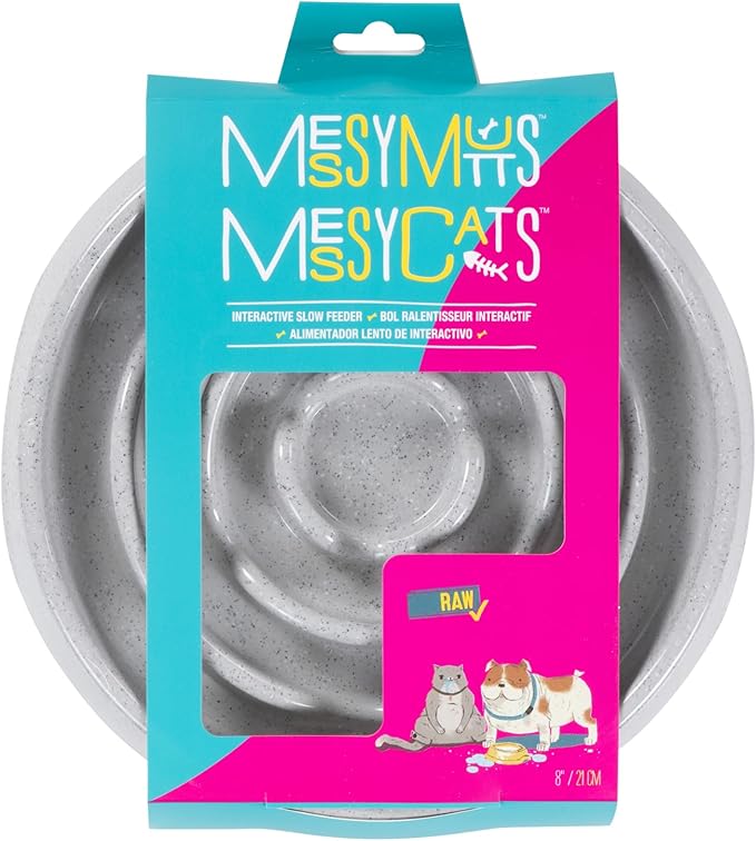 Messy Mutts and Cats Interactive Slow Feeder | Speckled Grey (1.75 Cup) | 8” Round Durable Puzzle Slow Feeder for Dogs/Cats | Enrichment Food Dish for Slow Eating, Bloating