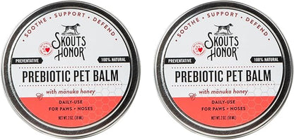 SKOUT'S HONOR Prebiotic Pet Balm - 100% Natural and Made w/Manuka Honey to Promote Healing of Your pet's paw Pads and Nose, Soothes Dry, Itchy Paws and Noses - Safe for Cats and Dogs, 2oz, 2-Pack