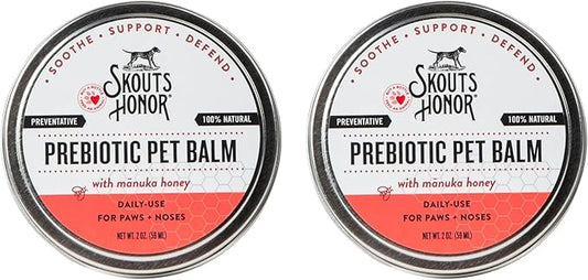 SKOUT'S HONOR Prebiotic Pet Balm - 100% Natural and Made w/Manuka Honey to Promote Healing of Your pet's paw Pads and Nose, Soothes Dry, Itchy Paws and Noses - Safe for Cats and Dogs, 2oz, 2-Pack