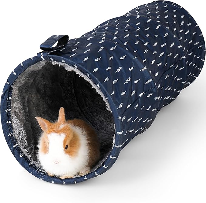 Rabbit Tunnel - Guinea Pig Tunnel, Guinea Pig Tube, 2-Way Small Pet Play Tube, Folds Flat for Storage, Ideal for Adult Small Pets, Dark Blue, Leaf Pattern