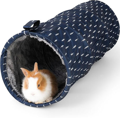 Rabbit Tunnel - Guinea Pig Tunnel, Guinea Pig Tube, 2-Way Small Pet Play Tube, Folds Flat for Storage, Ideal for Adult Small Pets, Dark Blue, Leaf Pattern