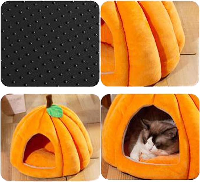 Pumpkin Cat Bed Halloween Pet Bed, Cute Pumpkin Shaped Cat Sleeping Tent Cave House with Removable Washable Cushion Non-Slip Bottom for Kitten Small Dogs (Orange,Within 8.8lb)