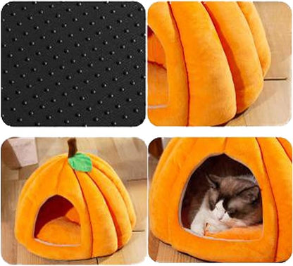 Pumpkin Cat Bed Halloween Pet Bed, Cute Pumpkin Shaped Cat Sleeping Tent Cave House with Removable Washable Cushion Non-Slip Bottom for Kitten Small Dogs (Orange,Within 8.8lb)