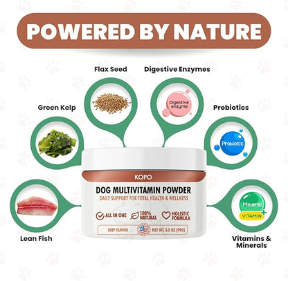 Kopo Dog Multivitamin Powder - All in One Organic Natural Vitamins for Dogs All Breed Sizes - Wellness, Heart, Skin & Coat, Gut Health, Digestion, Immune System, and Hip & Joint Supplement for Dogs
