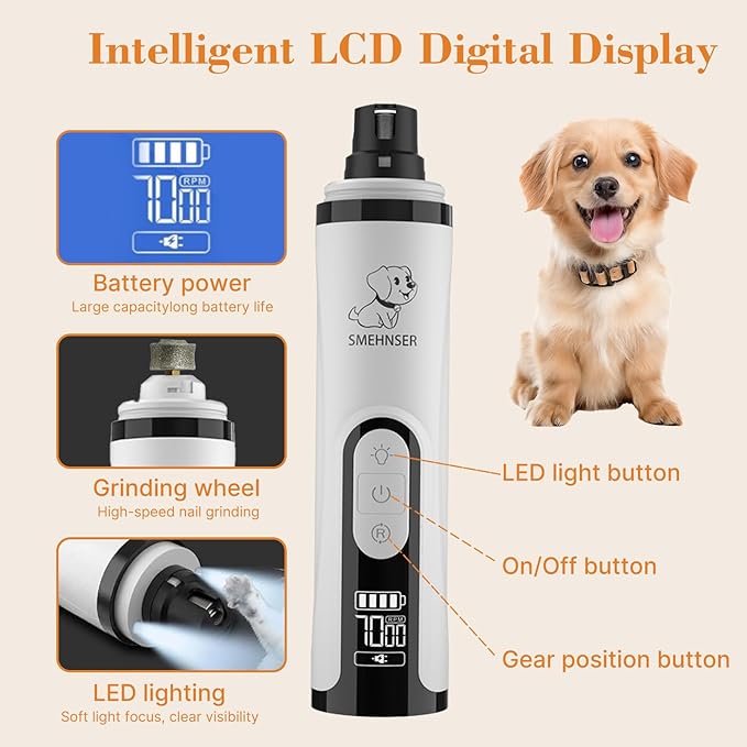 ahansi Dog Nail Grinder, 2026 Upgrade Quiet Dog Nail Grinder Cordless with LED Light & 3 Speeds, Quick USB Rechargeable Dog Nail Trimmer for Thick and Long Nails (1pc+2 Heads)