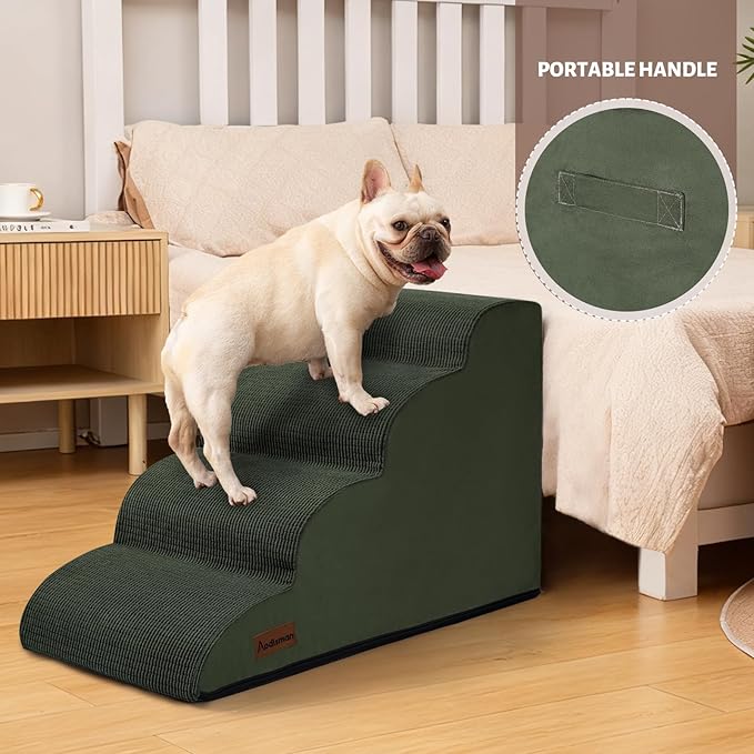 Dog Steps for Bed, 4-Step Dog Stairs Ramp for Small Dogs and Cats, Indoor Non-Slip Pet Stairs Suitable for Older, Short-Legged, and Puppy Dogs to Climb Onto High Beds and Couch, 17.4" H,Green