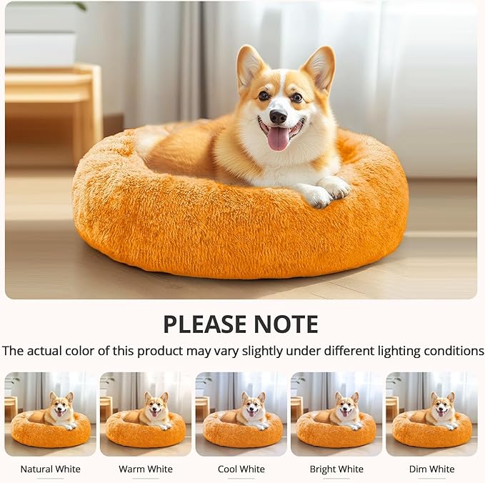 JOLLYVOGUE Small Dog & Cat Beds for Indoor Cats, Donut Cuddler Warming Soft Dog Beds with Anti-Slip Bottom, Round Calming Fluffy Plush Faux Fur Cushion Bed for Large Dogs (36", Orange)