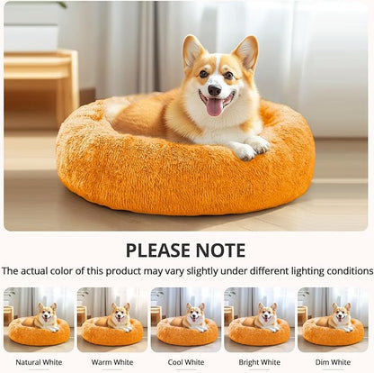 JOLLYVOGUE Small Dog & Cat Beds for Indoor Cats, Donut Cuddler Warming Soft Dog Beds with Anti-Slip Bottom, Round Calming Fluffy Plush Faux Fur Cushion Bed for Small Dogs (23", Orange)
