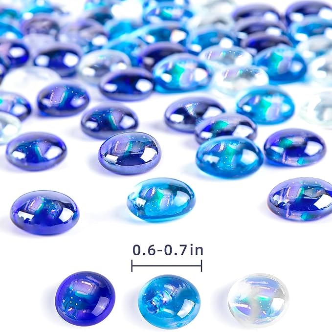FUTUREPLUSX 1LB Iridescent Flat Glass Marbles, Vase Fillers Blue Mixed Glass Beads Rocks for Fish Tank Aquarium Decor DIY Craft