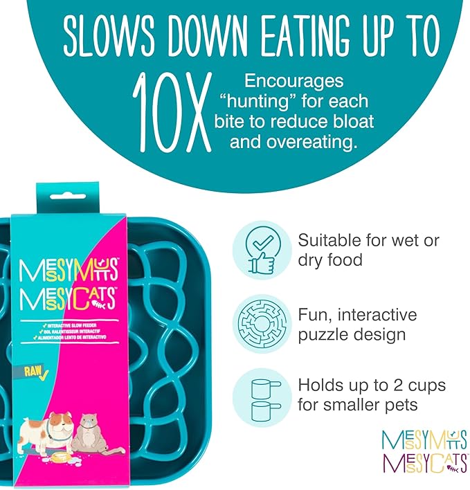 Messy Mutts and Cats Interactive Square Slow Feeder | Blue (2 Cup) | 8” x 8” Square Puzzle Slow Feeder for Dogs/Cats | Enrichment Food Dish for Slow Eating, Bloating