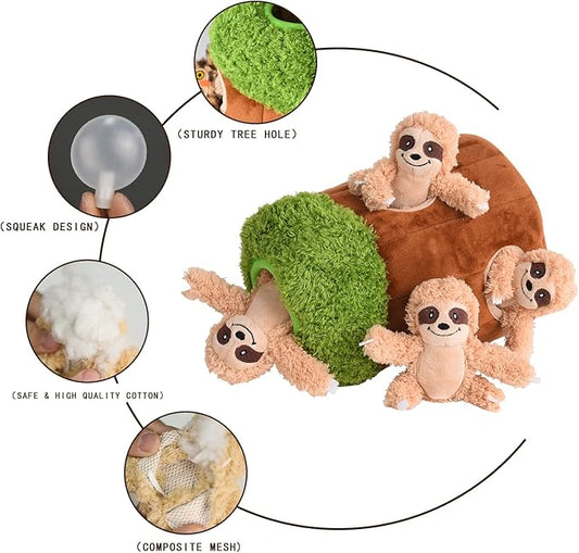 Interactive Squeaky Dog Toys Plush Sloth Dog Toy, Stuffing Woodland Friends Burrow, Dog Toys for Small Medium Large Dogs, Squeaky Plush Dog Toy (Medium)
