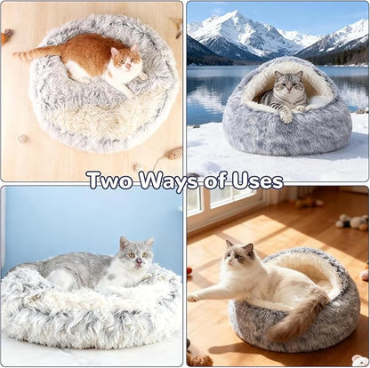 Nest Bed, Round Plush Hooded Cat Cave, Covered Cat Bed for Indoor, Warm Plush Cave Style Cats House with Hood, Anti-Slip, Cozy Winter Sherpa Lounger for Cats and Small Puppies